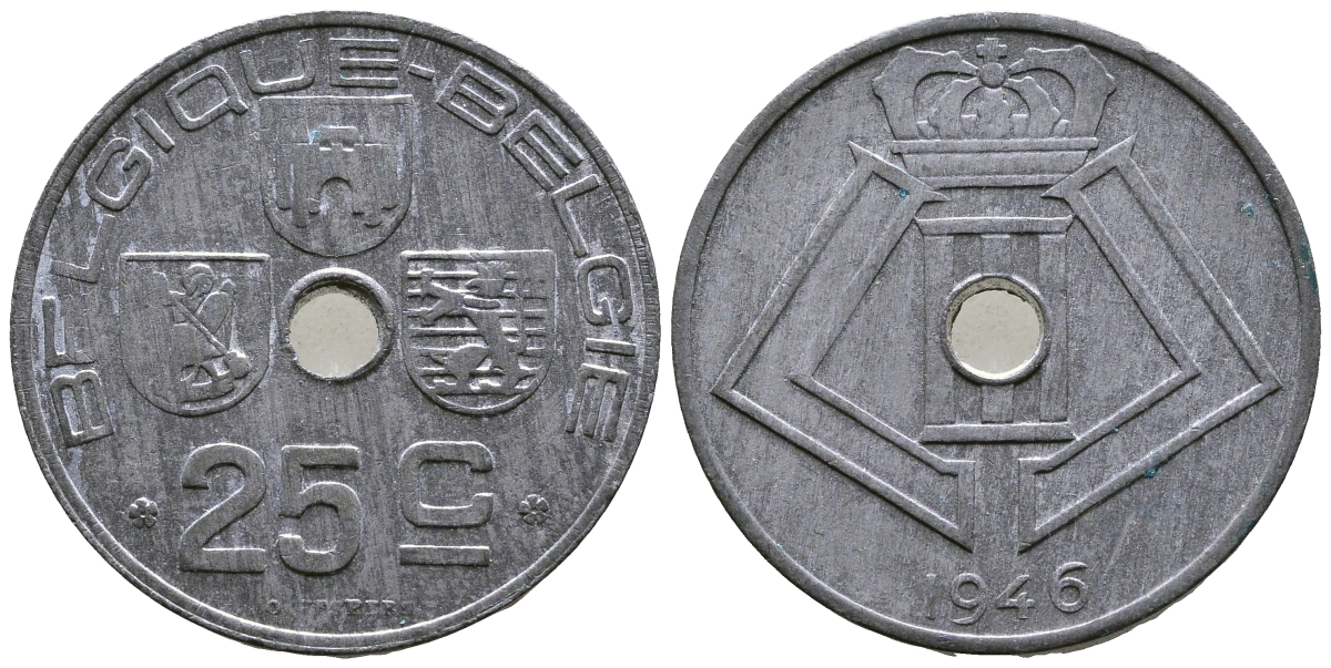 БЕЛЬГИЯ 25 САНТИМОВ 1946 BELGIQUE-BELGIE, ГЕРМАНСКАЯ ОККУПАЦИЯ, ВТОРАЯ МИРОВАЯ ВОЙНА KM 131 цинк UNC 4379-112