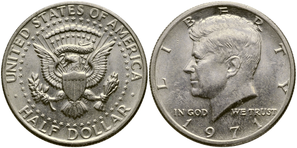 США 1/2 доллара (50 центов) 1971 Джон Кеннеди KM 202b медь плакированная медно-никелем 413-4442