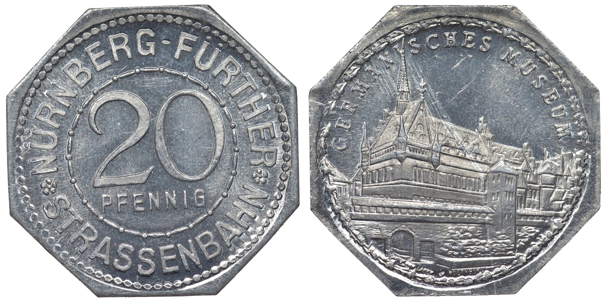 Германия, Нюрнберг - Фюрт 20 пфеннигов ND трамвайный жетон, германский музей алюминий UNC 4119-622