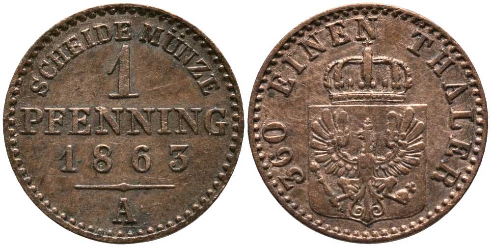 ПРУССИЯ 1 ПФЕННИГ 1863 А, ВИЛЬГЕЛЬМ I (1861-1888) KM 480 медь 116-819