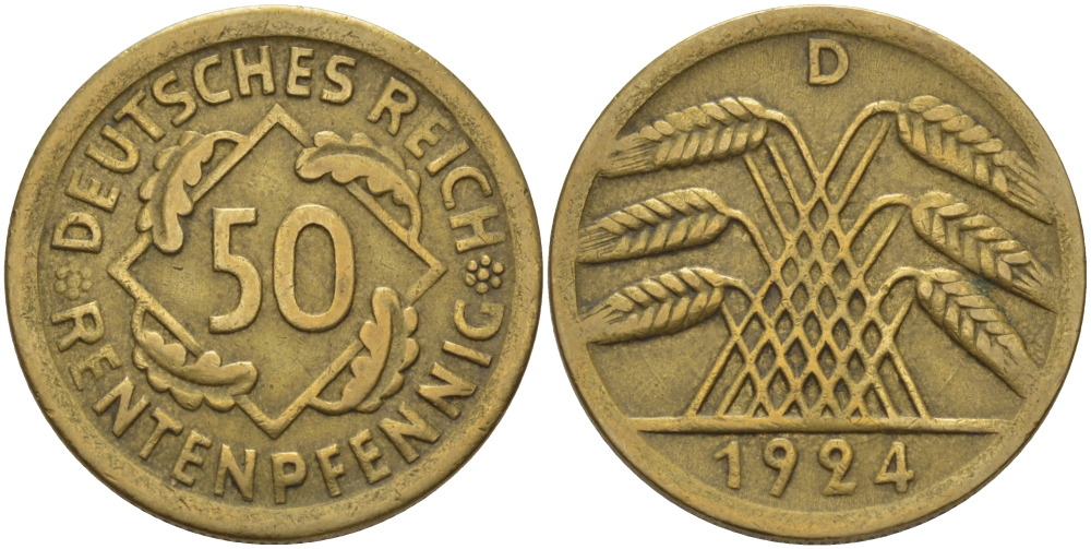 Германия 50 рентенпфеннигов 1924 D KM 34, J. 310 алюминиевая бронза 28-443