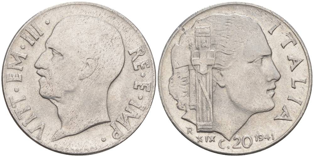 ИТАЛИЯ 20 ЧЕНТЕЗИМО 1941 R, ГОД XIX, ВИКТОР ЭММАНУИЛ III (1900-1946) KM 75b, VEM3. 1028 нержавеющая сталь 3853-817