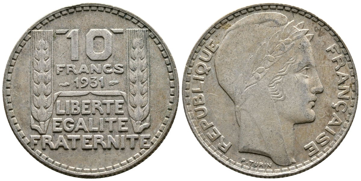 Франция 10 франков 1931 Пьер Тюрен KM 878, Le Franc 360.4 серебро 79-1411