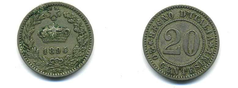 ИТАЛИЯ 20 ЧЕНТЕЗИМО 1894 KM 28.1 медно-никель 57-122