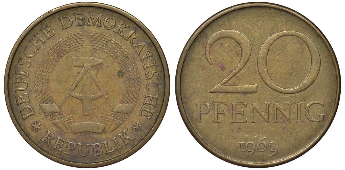 ГДР 20 пфеннигов 1969 А, первый год KM 11 латунь 62-1021