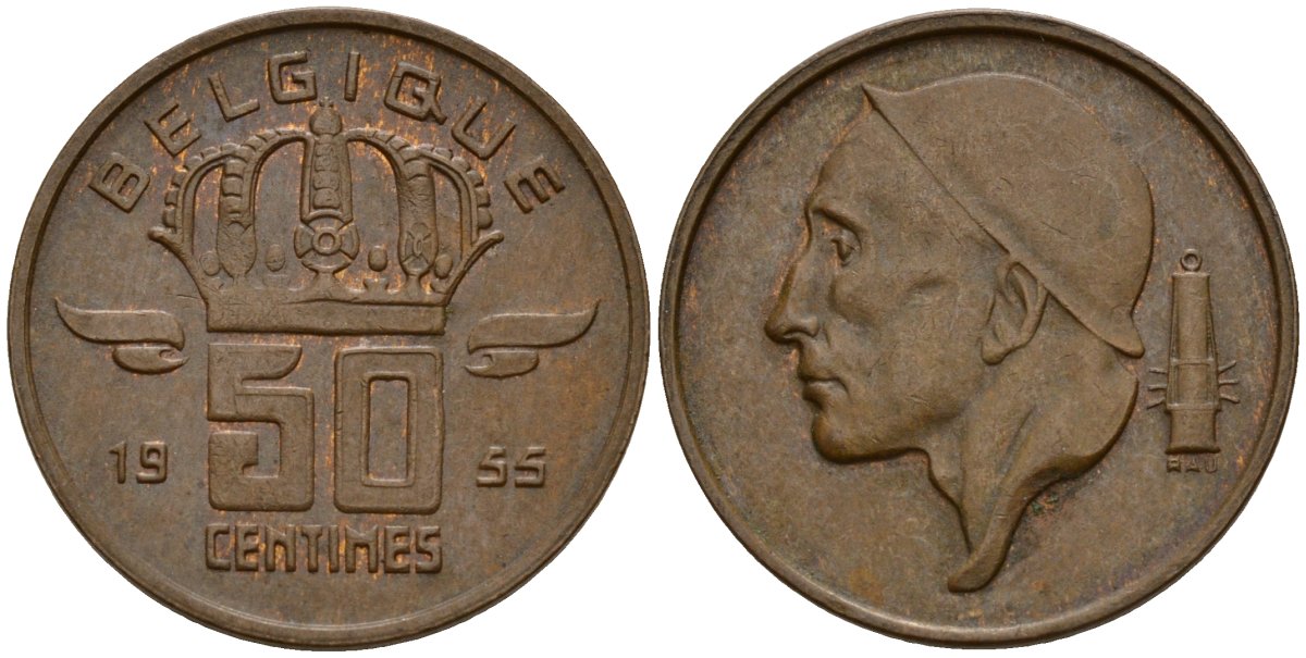 Бельгия 50 сантимов 1955 Belgique, Бодуэн I (1951-1993) KM 144 бронза 4154-1049