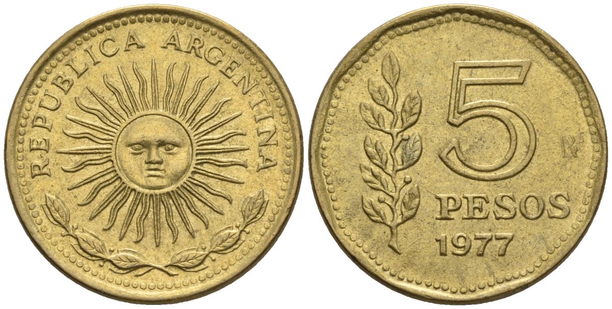 Аргентина 5 песо 1977 Ba, майское солнце KM 71, CJ 324, Schon 71 алюминиевая бронза    60-513