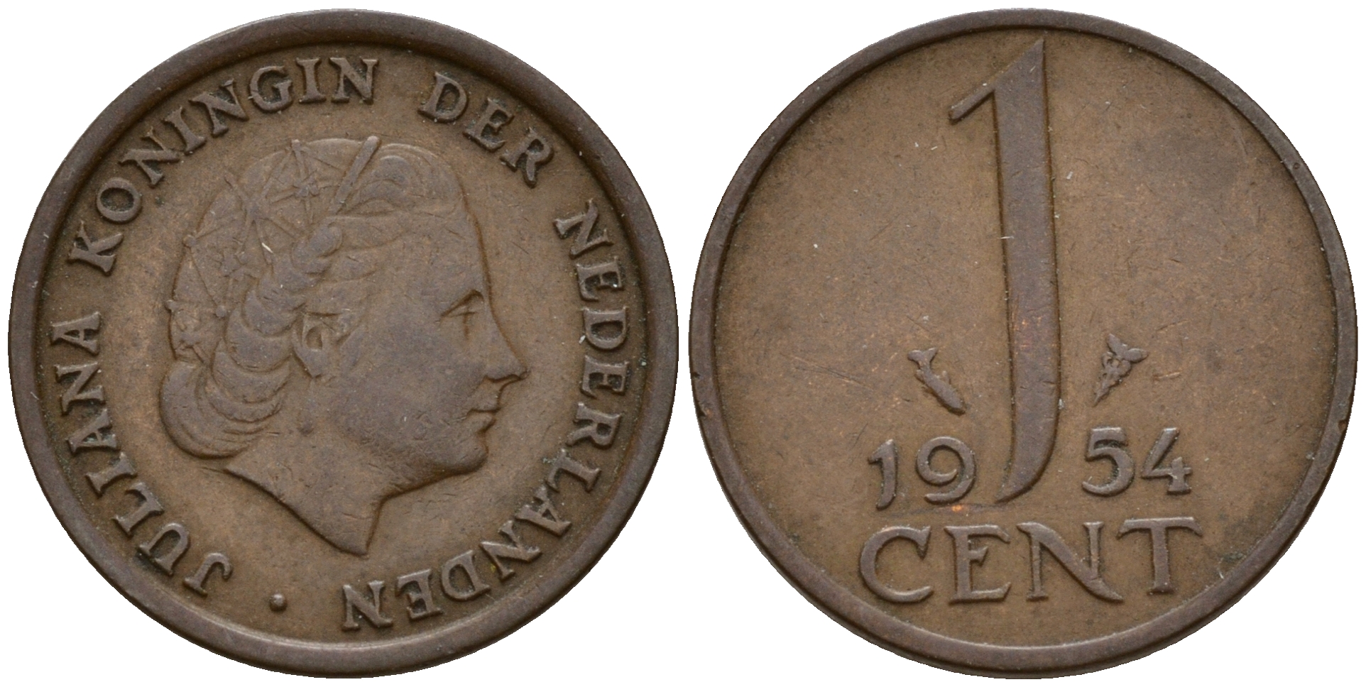 Нидерланды 1 цент 1954 Юлиана (1949-1980) KM 180 бронза    4598-158