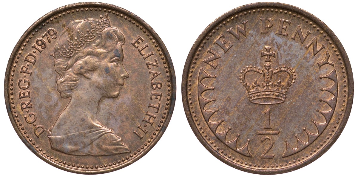 Великобритания 1/2 пенни 1979 Елизавета II (1952-2022) KM 914, Spink 4239 бронза aUNC 4124-637