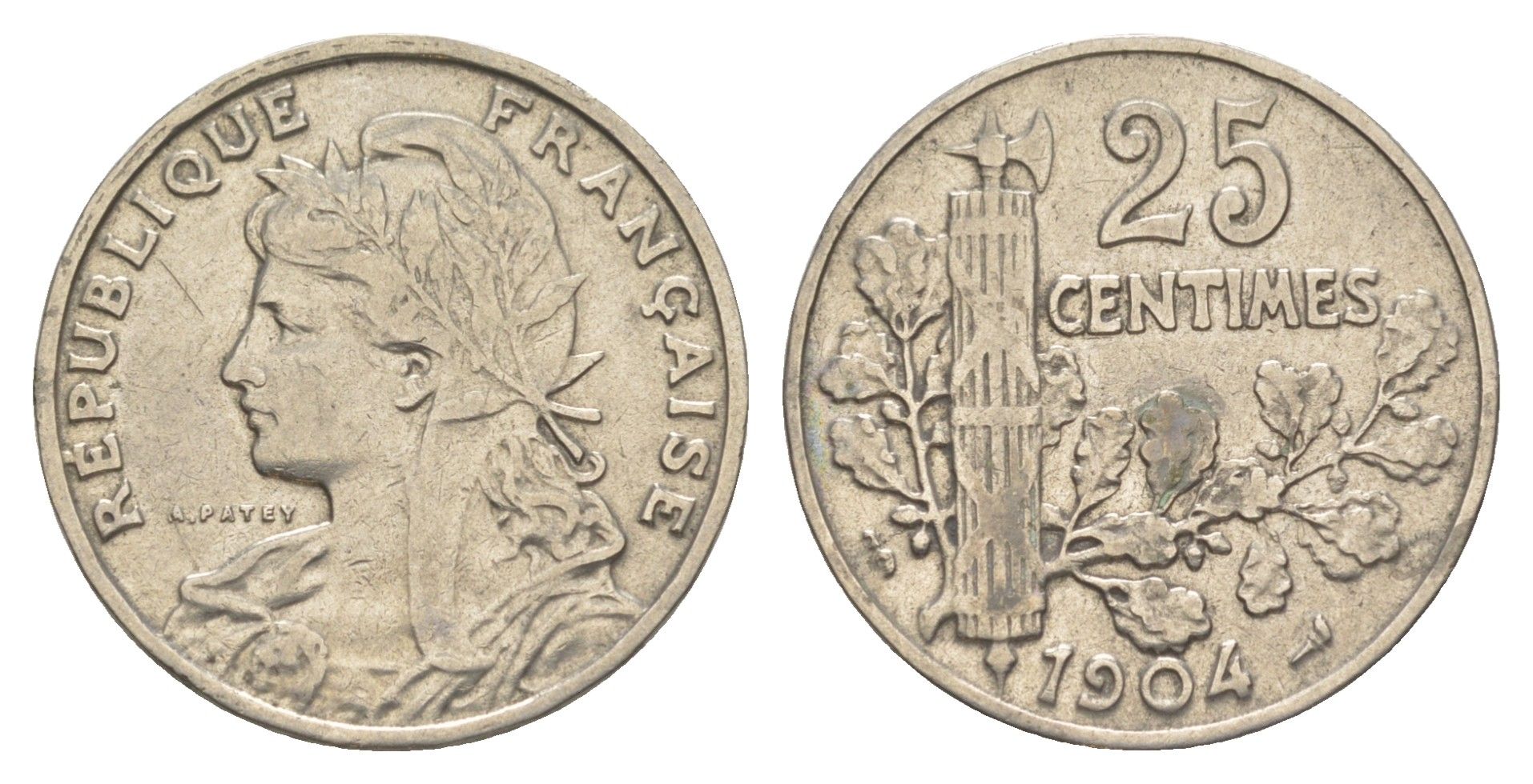 Франция 25 сантимов 1904 KM 856 никель 4161-1016
