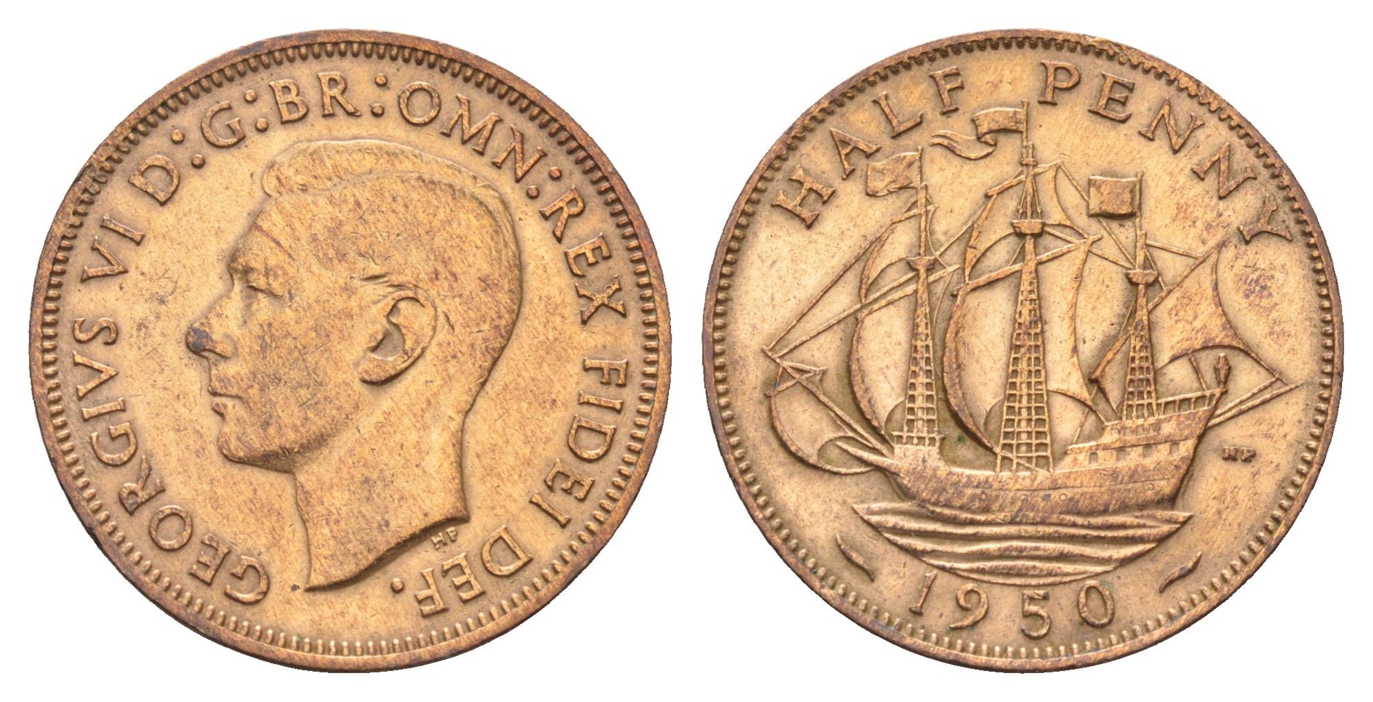 Великобритания 1/2 пенни 1950 Георг VI (1936-1952) KM 868, Spink 4118 бронза    4660-627