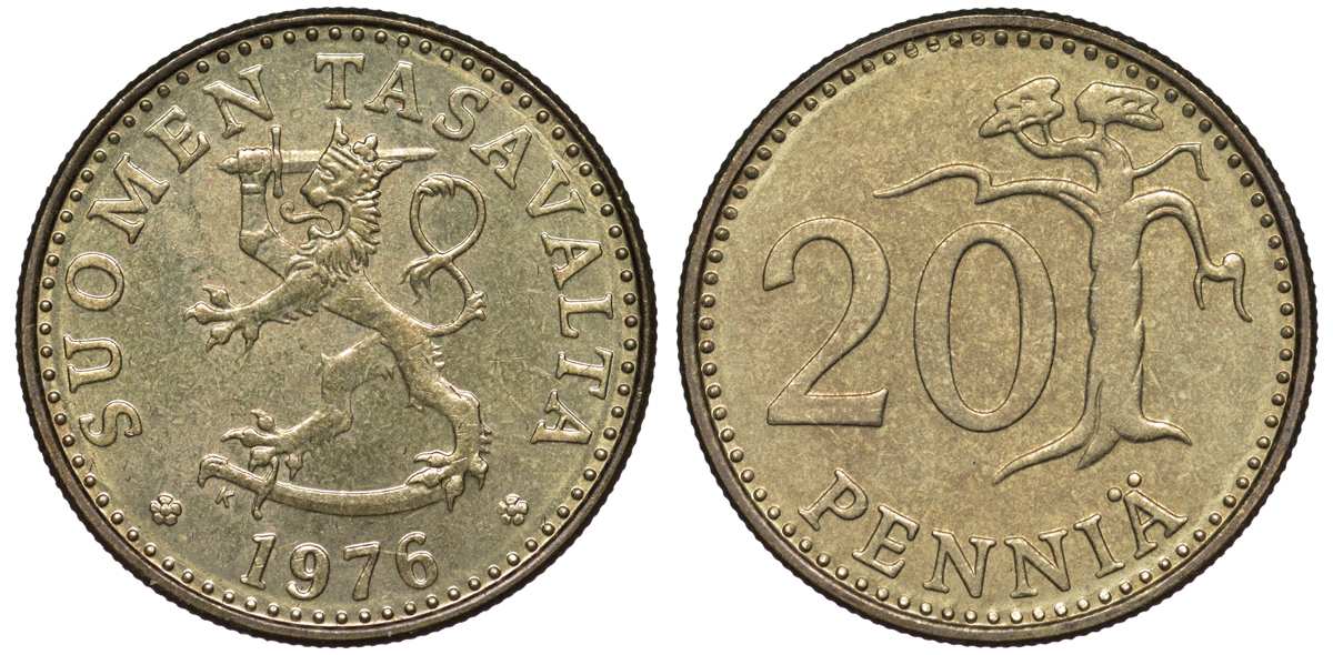 Финляндия 20 пенни 1976 K KM 47 алюминиевая бронза UNC 259-536