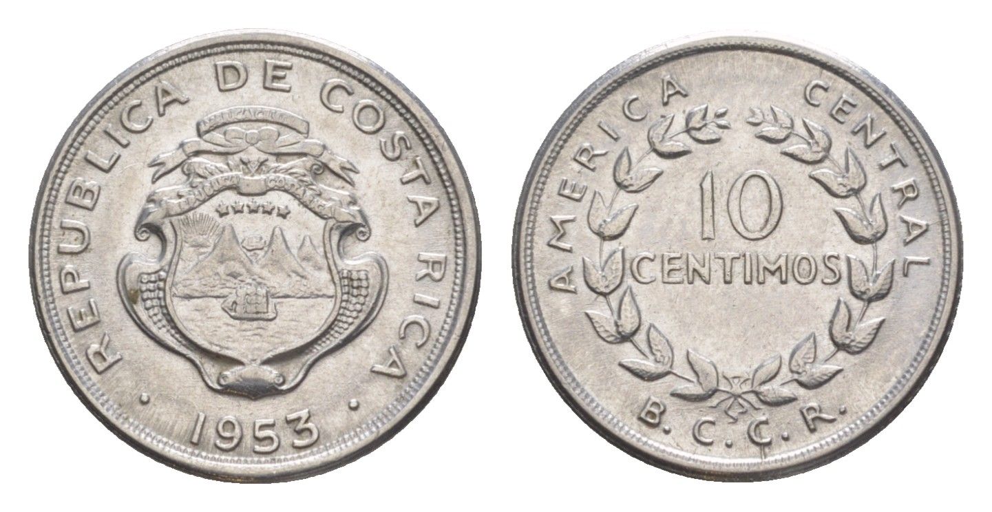 Коста-Рика 10 сентимо 1953 KM 185.1a нержавеющая сталь UNC 4636-159