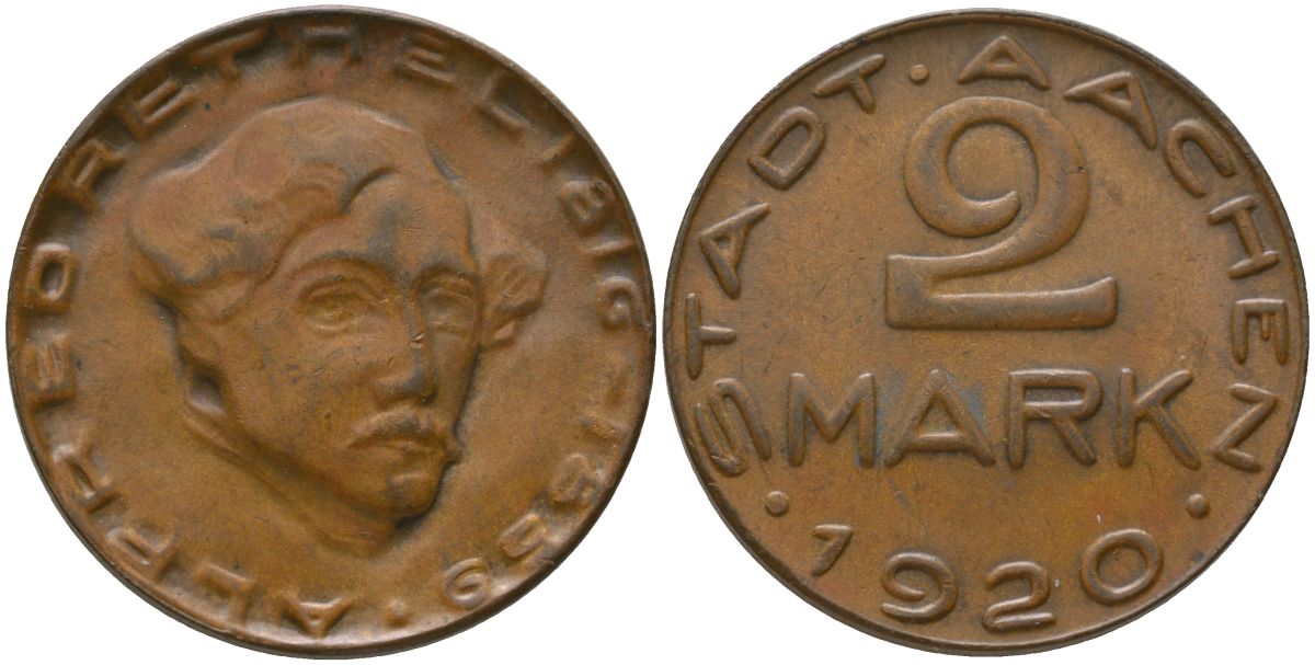 Ахен (Пруссия, Рейн) 2 марки 1920 Funck 1.17, Men05 70.63, Men18 99.63 латунь плакированная медью 4163-1152