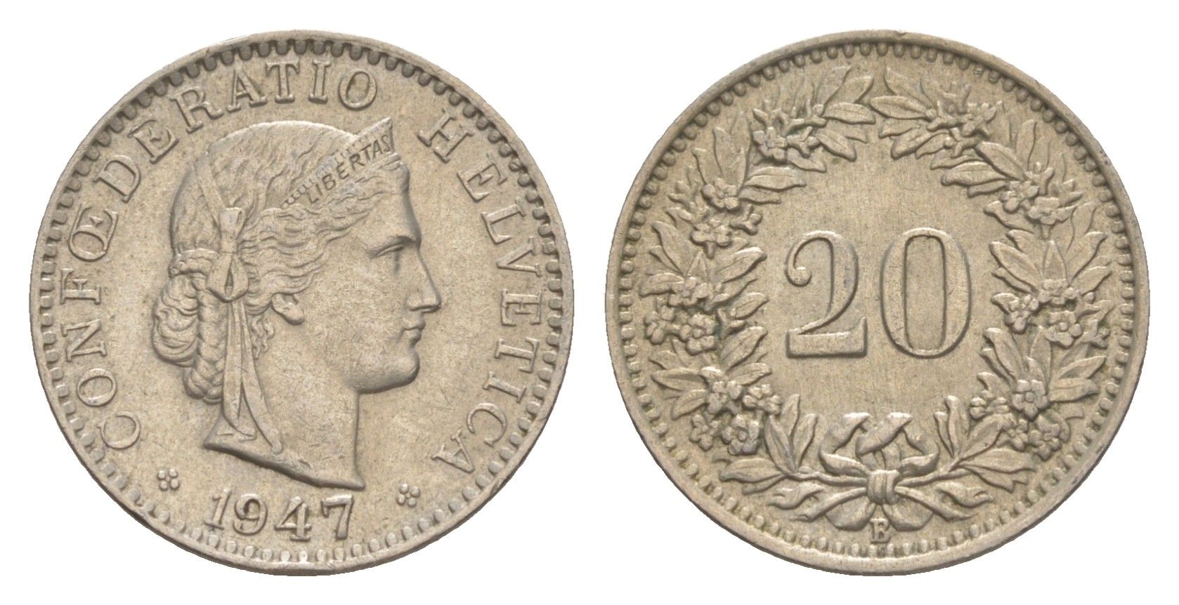 Швейцария 20 раппенов 1947 B KM 29a медно-никель 4625-1043