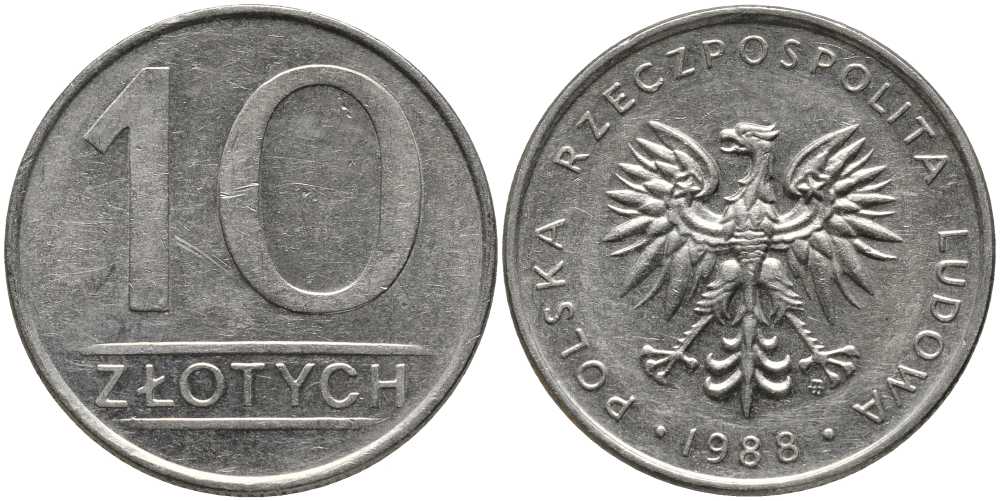 ПОЛЬША 10 ЗЛОТЫХ 1988 MW KM 152.1 медно-никель 113-1027