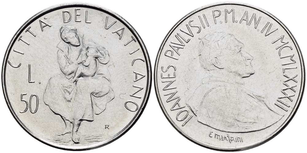 ВАТИКАН 50 ЛИР 1982 ГОД IV, ИОАНН ПАВЕЛ II (1978-2005), МАТЕРИНСТВО KM 163 нержавеющая сталь 4519-456