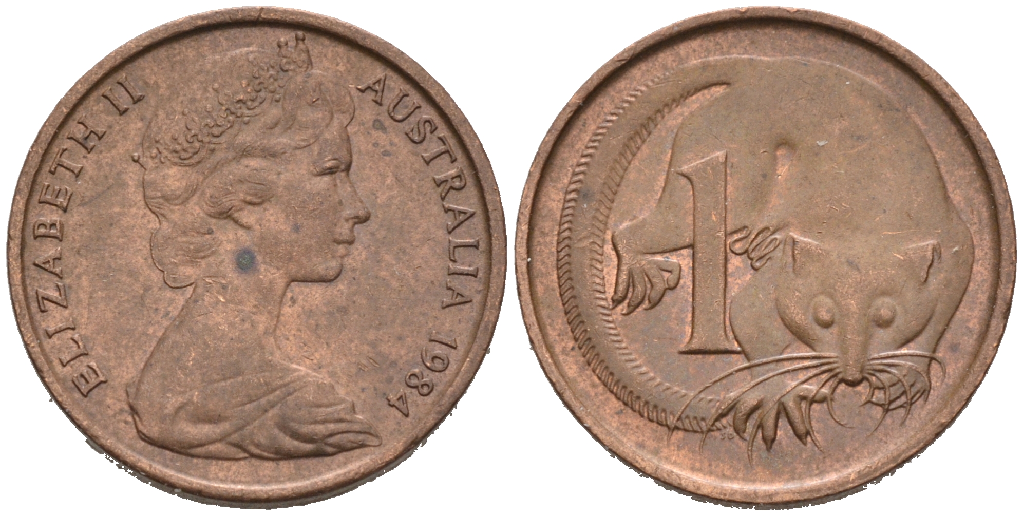 АВСТРАЛИЯ 1 ЦЕНТ 1984 ЕЛИЗАВЕТА II, МОЛОДОЙ ПОРТРЕТ, ОПОССУМ КМ 62 бронза 4564-1238