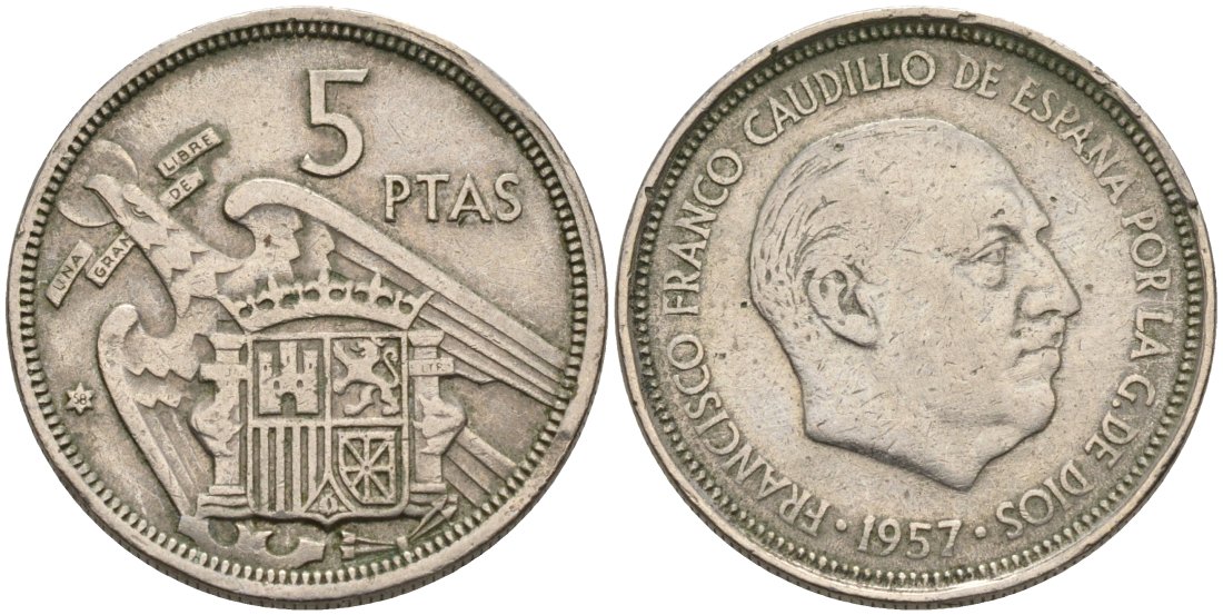 Испания 5 песет 1957(58) Франсиско Франко (1939-1975) KM 786 медно-никель 4571-1213