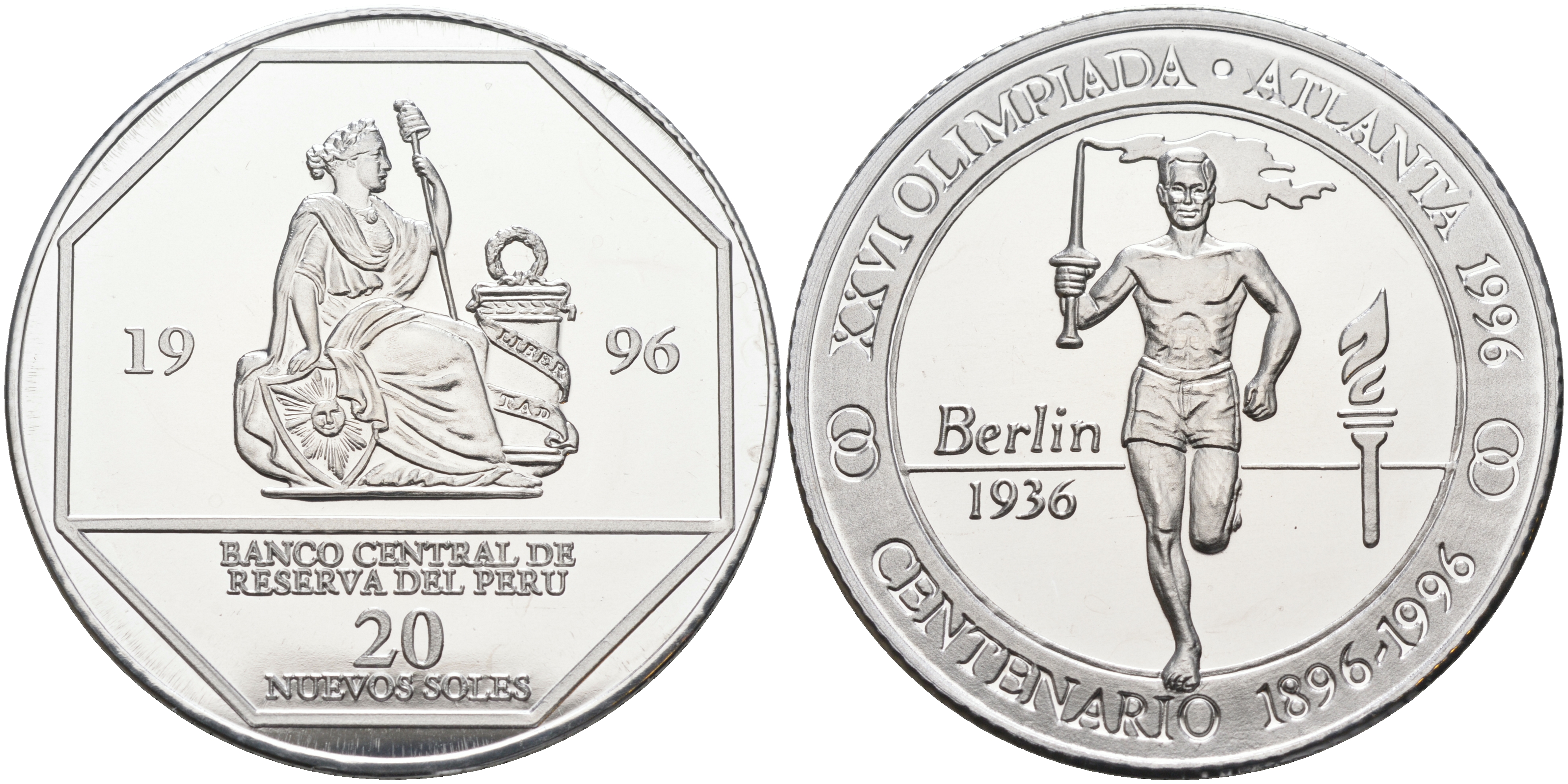 Перу 20 солей 1996 XXVI Олимпийские игры 1996 года в Атланте, 100 лет Олимпийскому движению, олимпийский огонь, пробник, рубчатый гурт алюминий PROOF 06-159-15