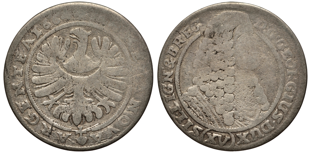 Силезия-Легница-Бжег 15 крейцеров 1664 Георг III (1639-1664) серебро 413-1414