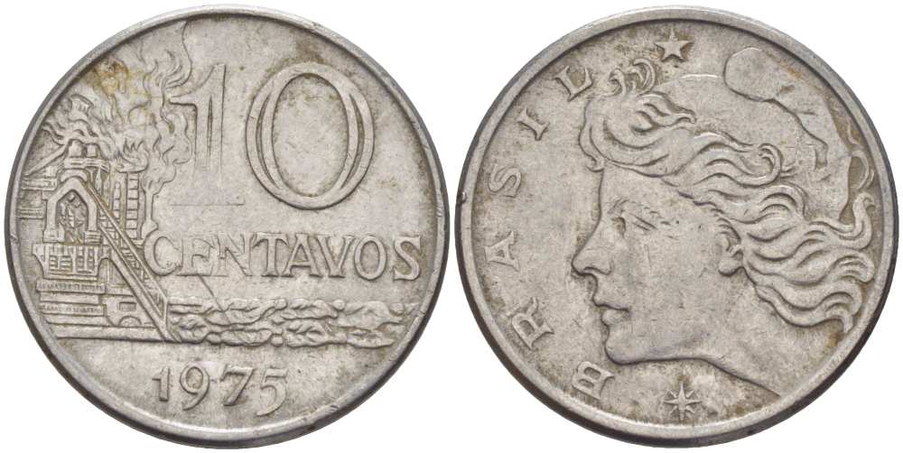 БРАЗИЛИЯ 10 СЕНТАВО 1975 РЕФОРМА 1967-1985, ГОЛОВА СВОБОДЫ ВЛЕВО KM 578.1а нержавеющая сталь 36-1255