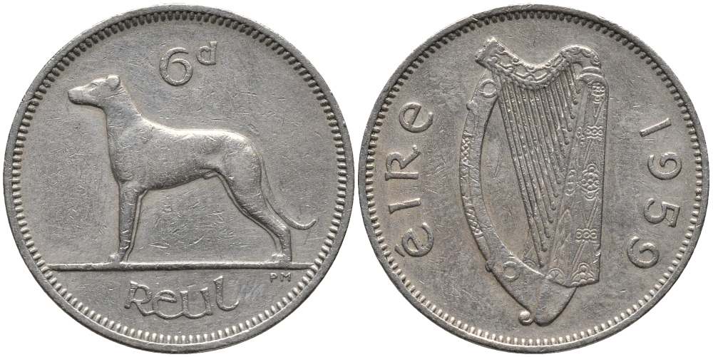 ИРЛАНДИЯ 6 ПЕНСОВ 1959 ИРЛАНДСКИЙ ВОЛКОДАВ KM 13а медно-никель 4387-1061