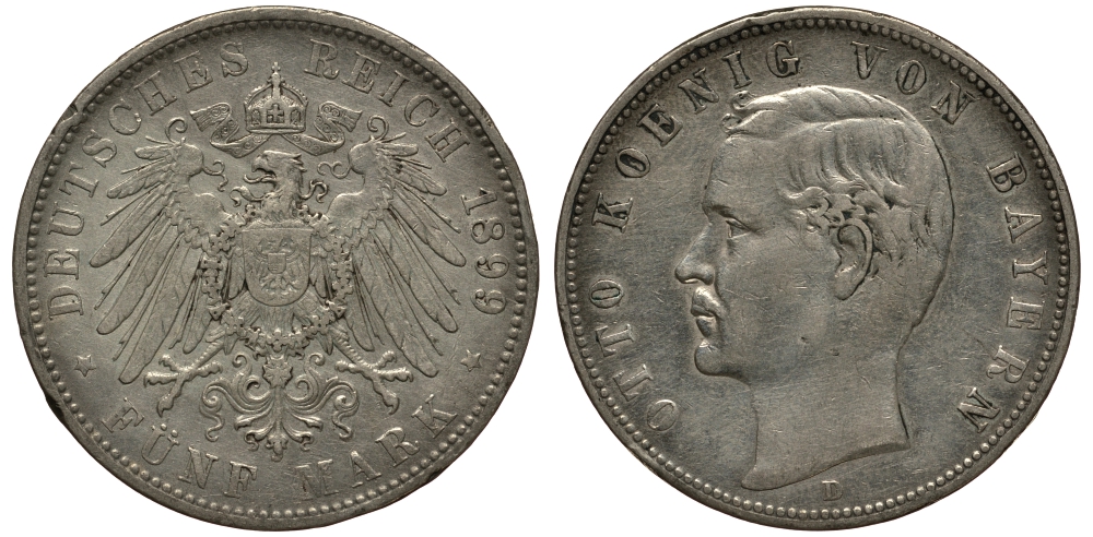 Бавария 5 марок 1899 Отто (1886-1913) Weege 47, J. 46, KM 512 серебро 3711-1424
