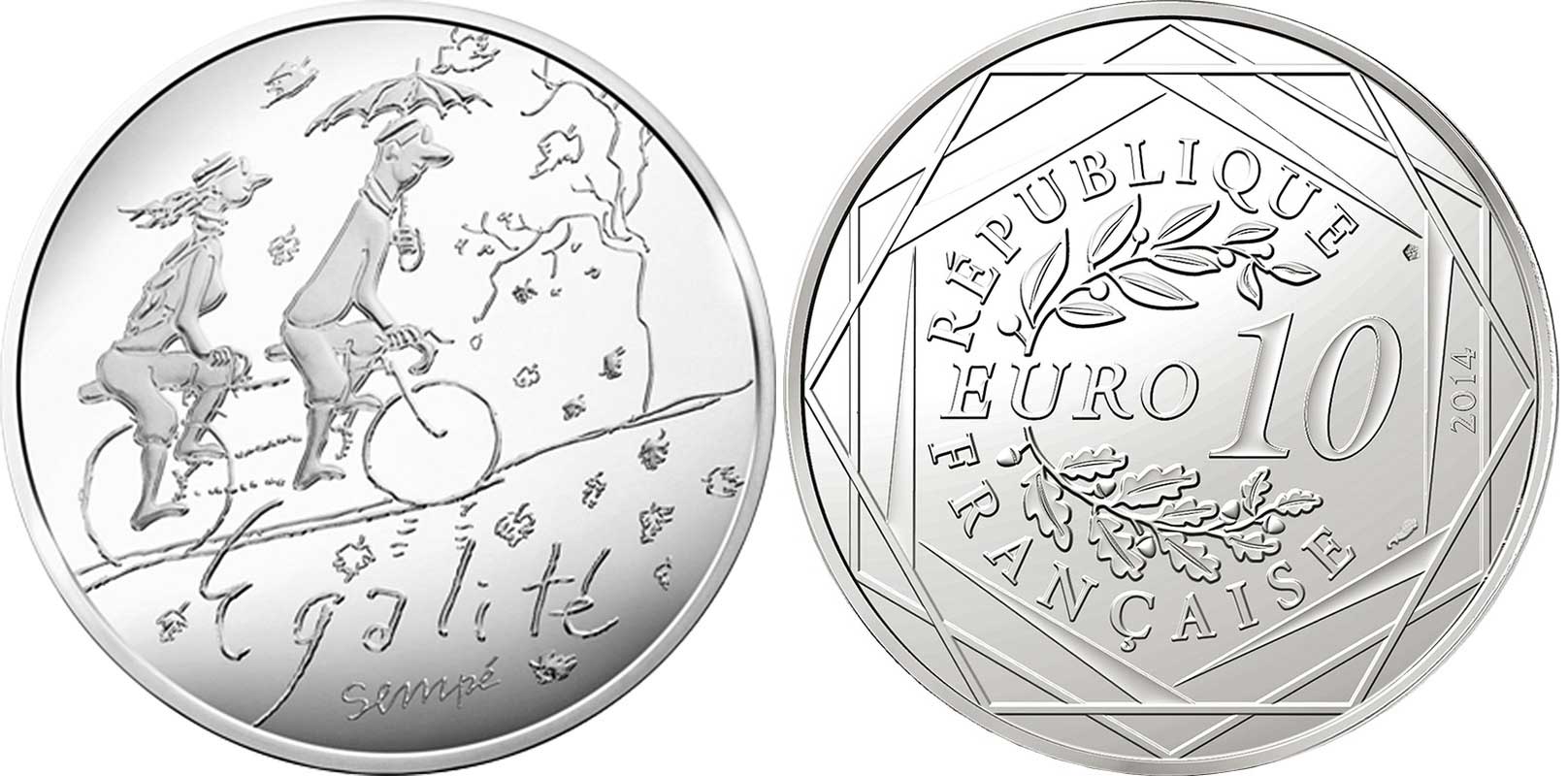 Франция 10 евро 2014 карикатуры Жан-Жака Сампе, осень-равенство, люди с зонтом на велосипеде, в оригинальном буклете KM NEW серебро UNC 1-4-3-09