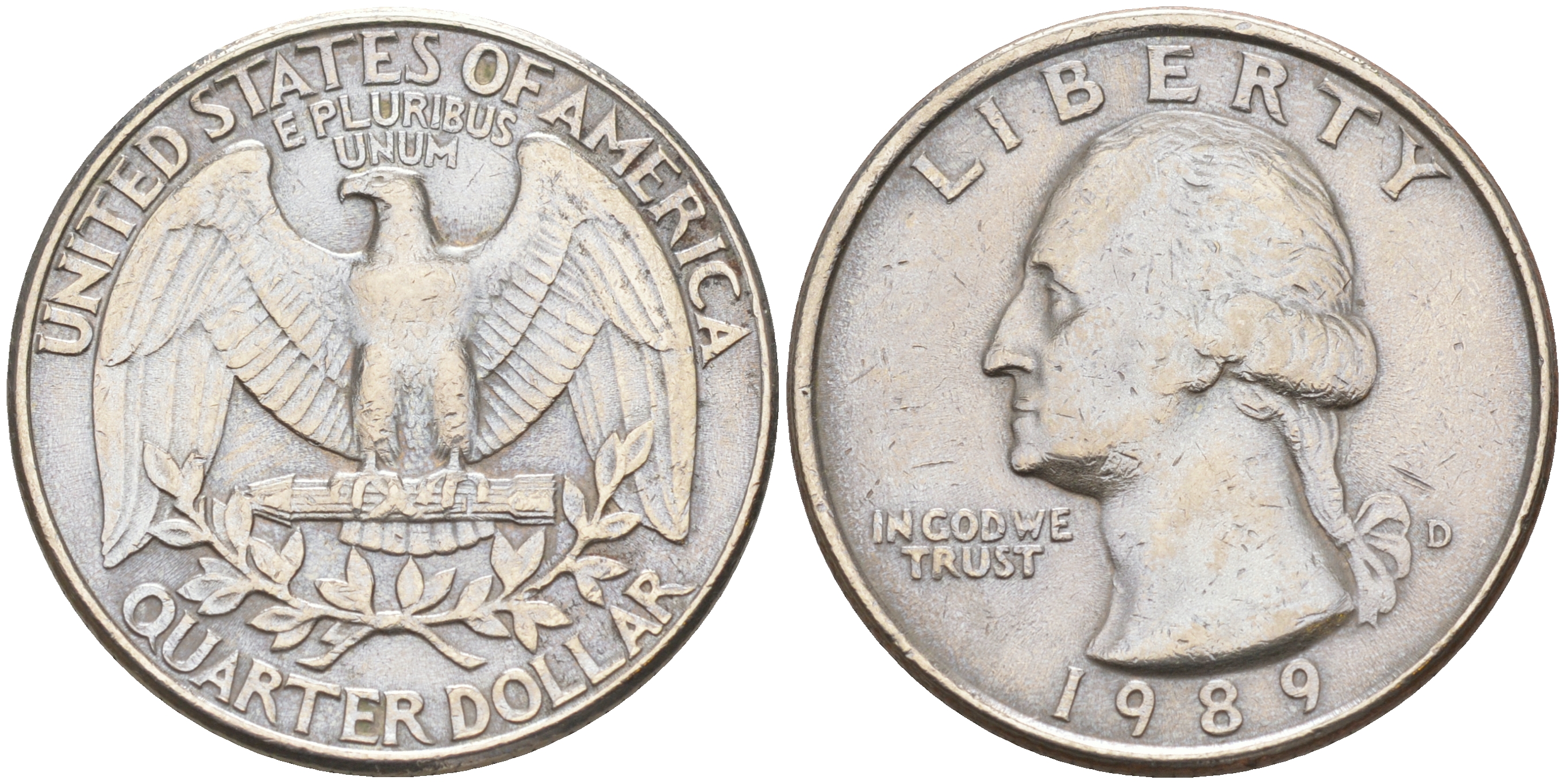 США 25 ЦЕНТОВ = КВОТЕР 1989 D, ВАШИНГТОН KM А164a медь плакированная медно-никелем 190-351