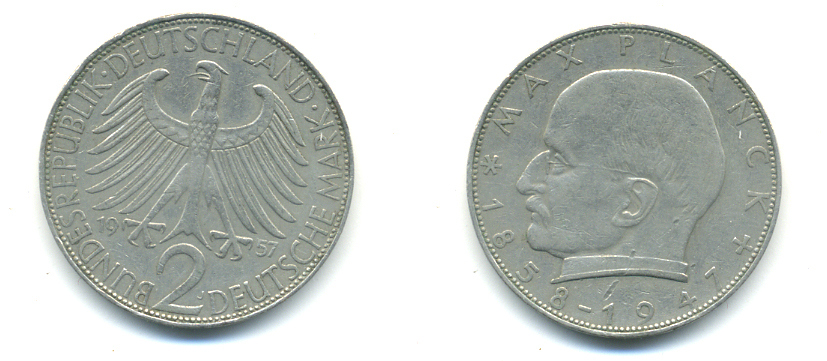 ФРГ 2 марки 1957 J , Макс Планк KM 116, J. 392 медно-никель плакированный никелем 83-513