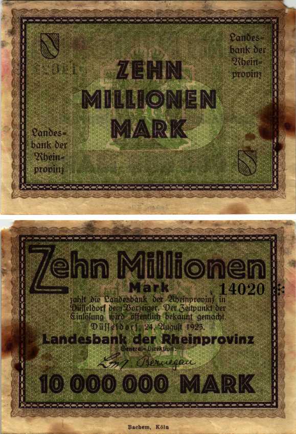 ГЕРМАНИЯ 10000000 МАРОК 1923 ДЮССЕЛЬДОРФ, 24 АВГУСТА 1923, НОГЕЛЬД, BACHEM KOLN бумага 3295-8-2-2