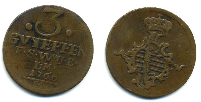 Саксен-Веймар-Эйзенах 3 пфеннига 1760 FS KM 34 медь 00-00
