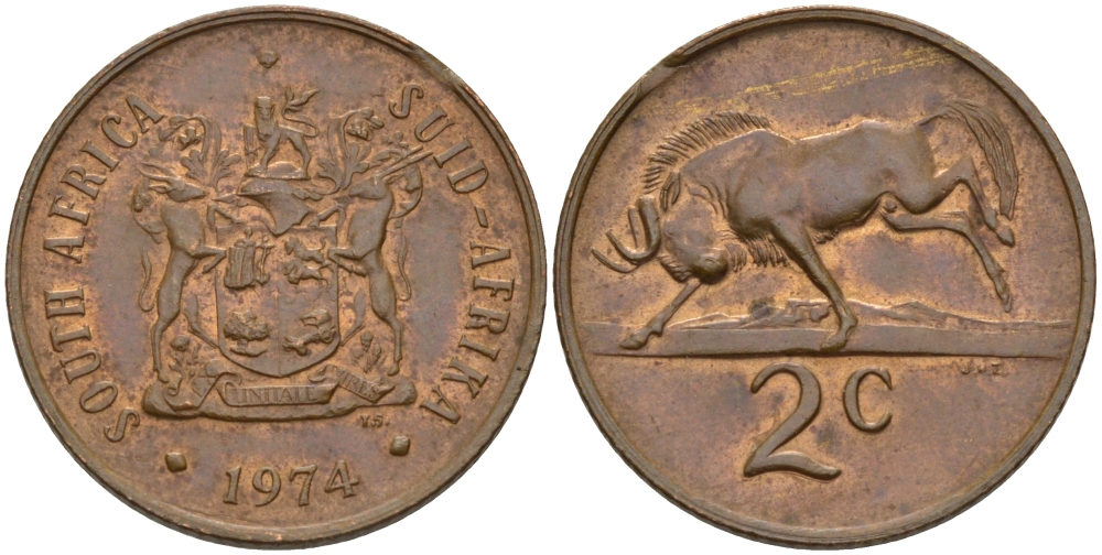 ЮАР 2 цента 1974 герб, антилопа гну KM 83 бронза 67-333