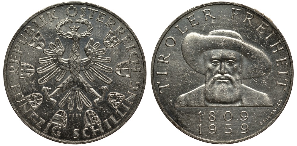 Австрия 50 шиллингов 1959 150 лет независемости Тироля KM 2888 серебро aUNC 413-3522