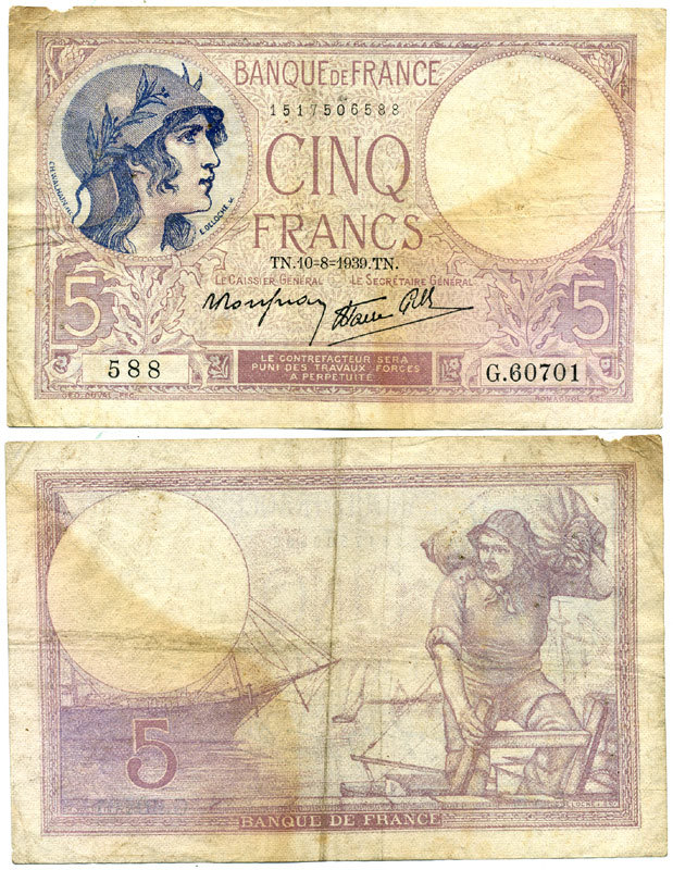 ФРАНЦИЯ 5 ФРАНКОВ 1939 10 АВГУСТА 1939, ФИОЛЕТОВЫЙ Pick 83 бумага 7217-14-1