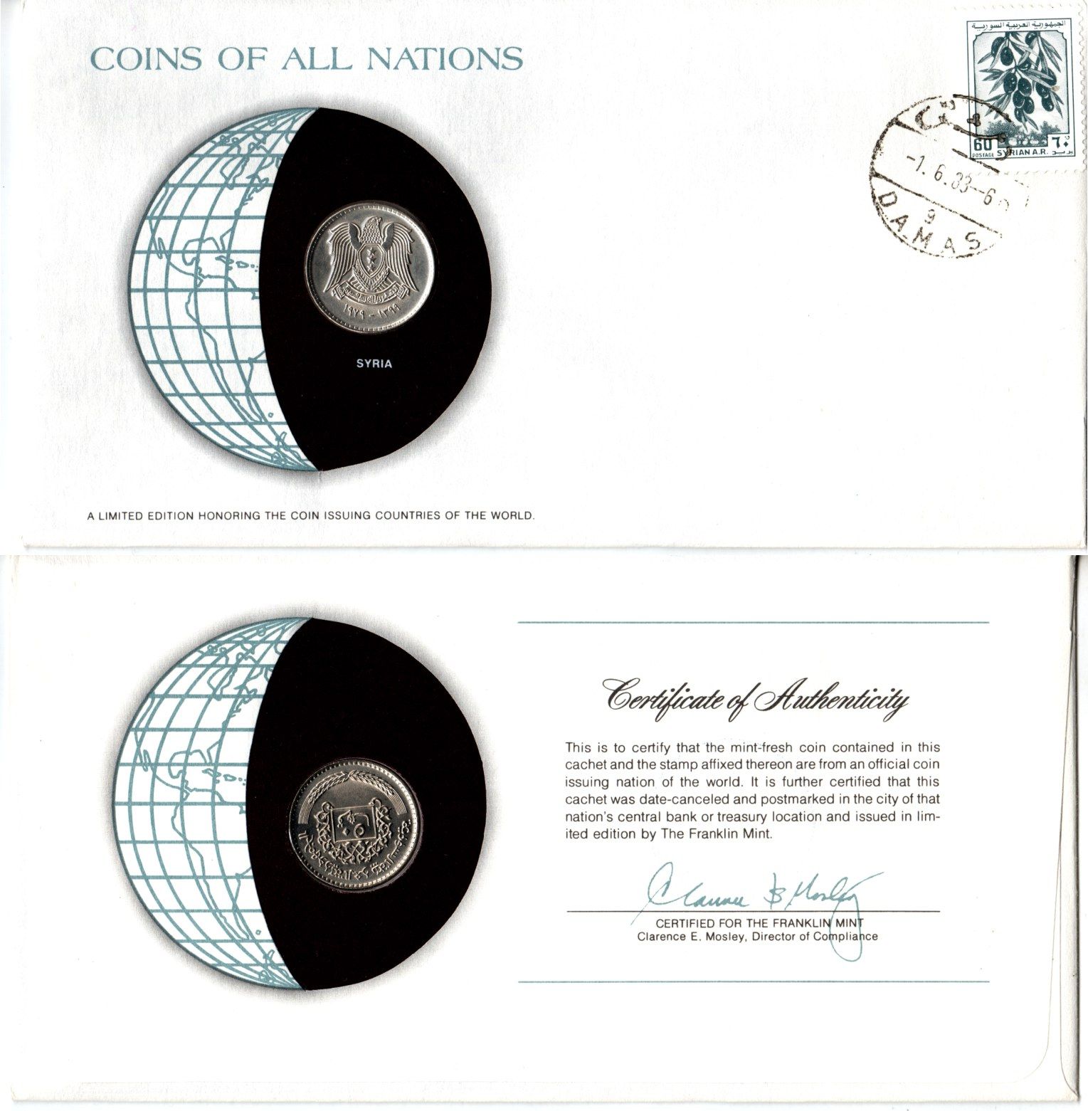 Сирия 50 пиастров 1979 конверт с маркой первого дня гашения, Coins of Nations KM 119 медно-никель aUNC 4295-17-3