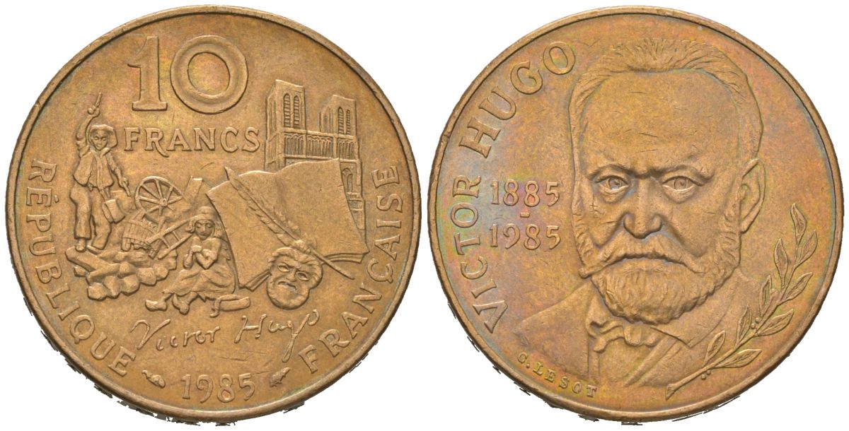 Франция 10 франков 1985 100 лет со дня смерти Виктора Гюго KM 956 никель латунь 4582-321