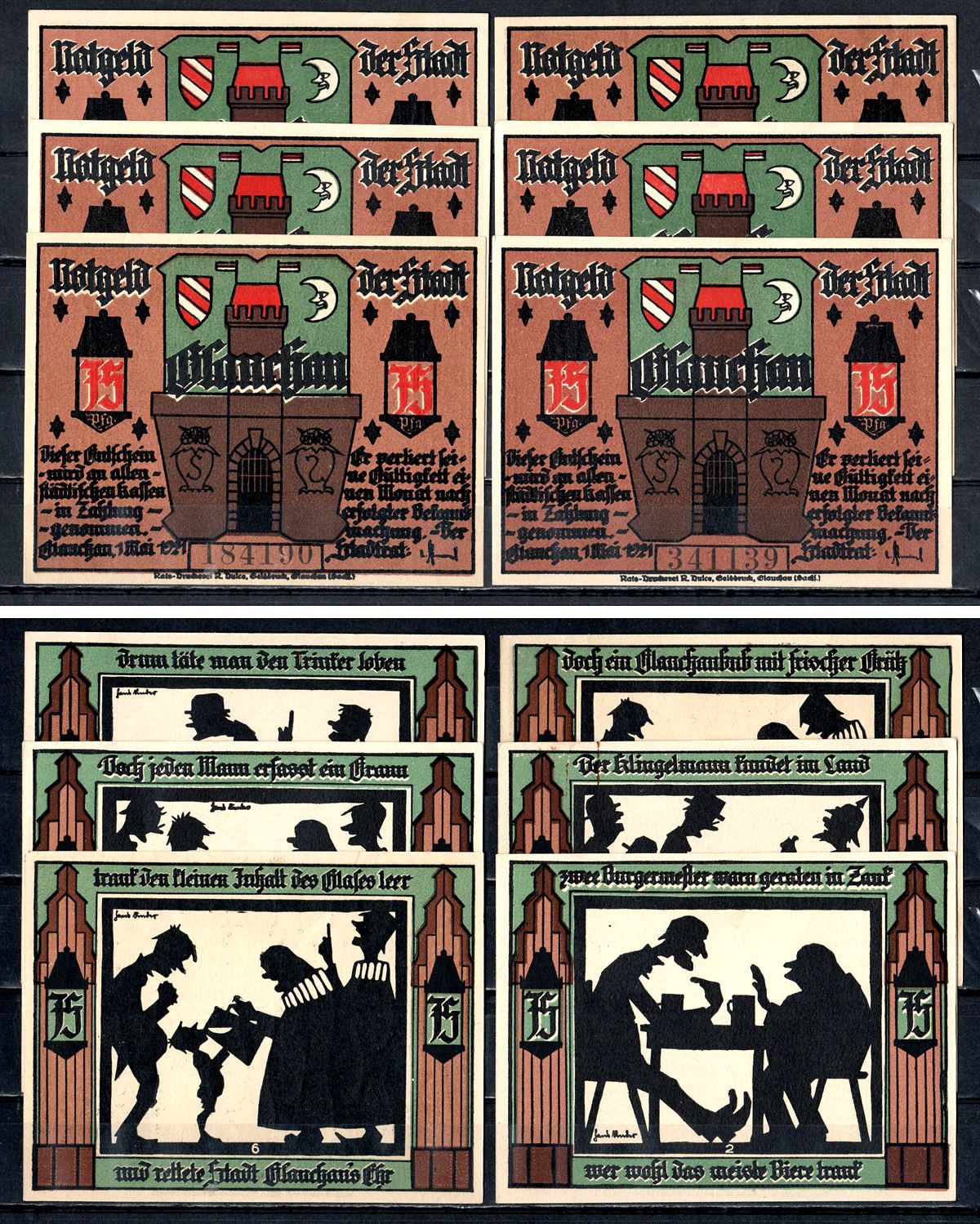 Глаухау (Саксония) набор из 6 нотгельдов 1921 7556-9-3-1