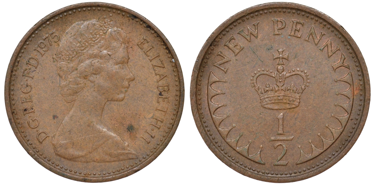 Великобритания 1/2 пенни 1975 Елизавета II (1952-2022) KM 914, Spink 4239 бронза 4596-342