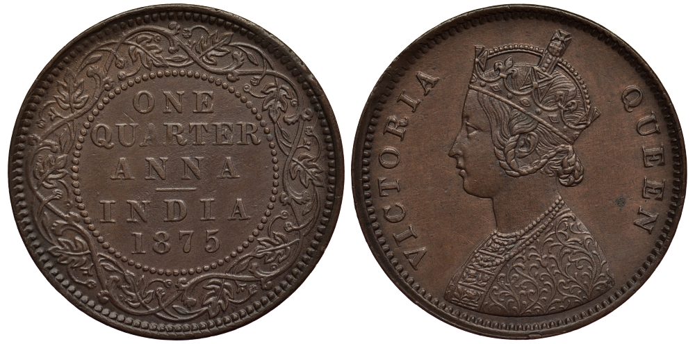 Британская Индия 1/4 анна 1875 Виктория (1837-1901), красивая KM 467 медь 1524-1243