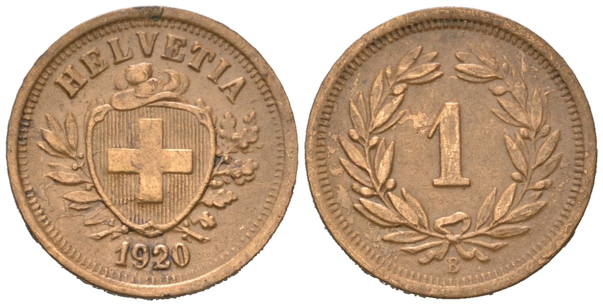 Швейцария 1 раппен 1920 B KM 3 бронза 26-1132