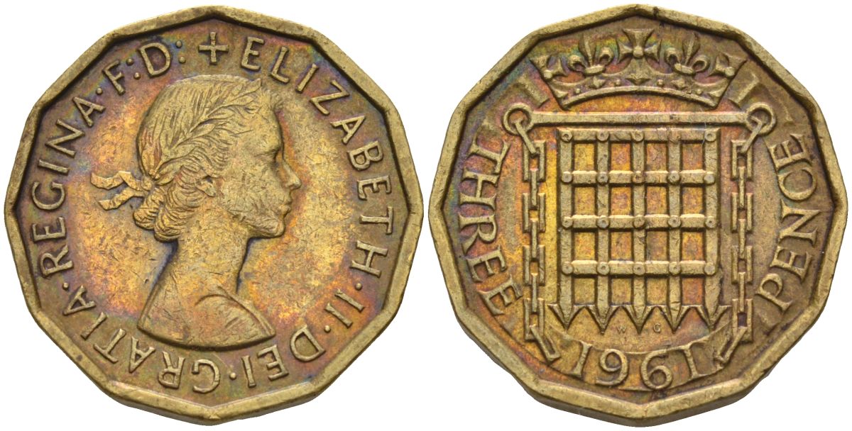 Великобритания 3 пенса 1961 Елизавета II (1952-2022) KM 900, Spink 4153 никель латунь 4126-721
