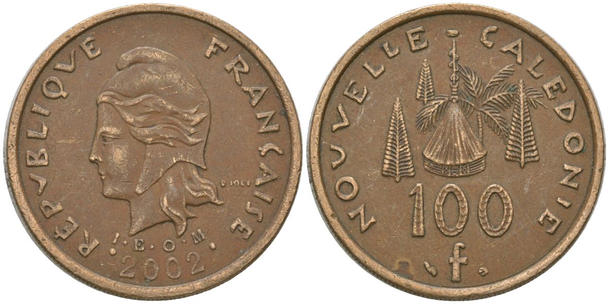Французская Новая Каледония 100 франков 2002 хижина среди сосен и пальм, (IEOM) KM 15, Schoen 16, Lec 139f никель латунь 4149-126