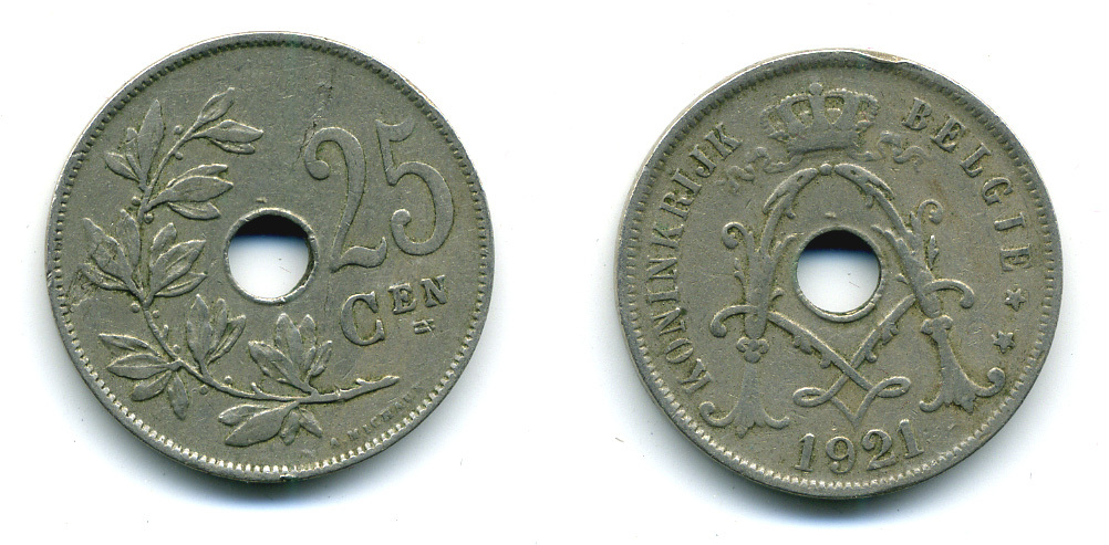 БЕЛЬГИЯ 25 САНТИМОВ 1921 BELGIQUE KM 68.1 медно-никель 86-1745