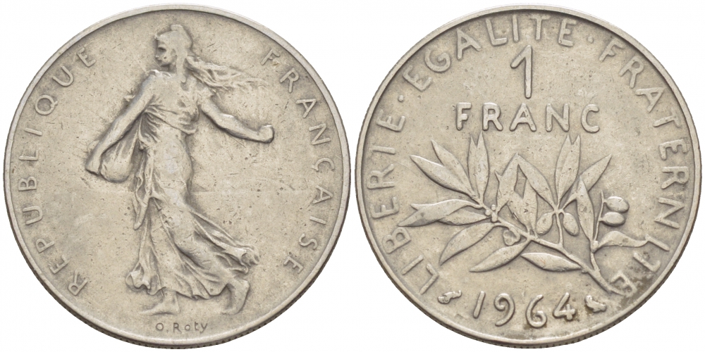Франция 1 франк 1964 сеятель KM 925.1, Le Franc 226.8 никель 3856-937