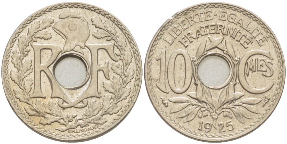 ФРАНЦИЯ 10 САНТИМОВ 1925 ТИП ЛИНДАЙЁ KM 866а медно-никель 4402-752