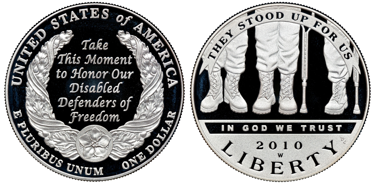 США 1 доллар 2010 W, американские ветераны-инвалиды, в оригинальной коробке KM 479 серебро PROOF 00-00