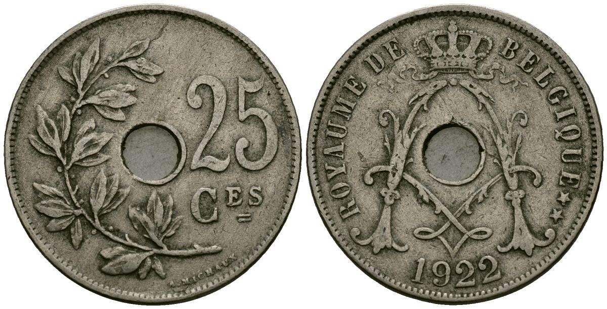 Бельгия 25 сантимов 1922 Belgique KM 68 медно-никель 4165-426