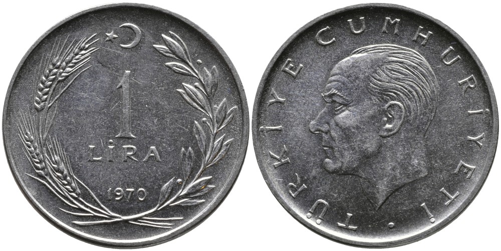 Турция 1 лира 1970 Мустафа Кемаль Ататюрк KM 889а.2 нержавеющая сталь 4385-416